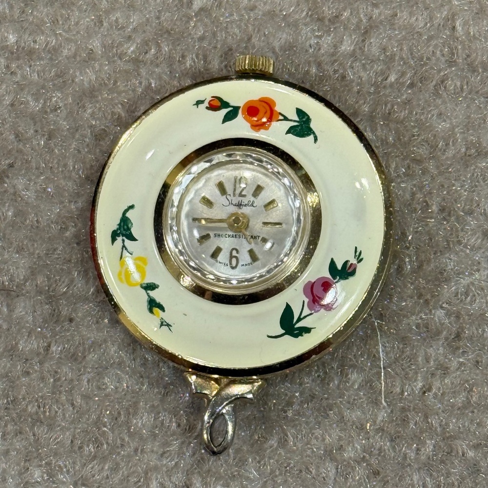 Vintage Sheffield Shock Resistant Swiss Watch Necklace Pendant Handpainted WORKS